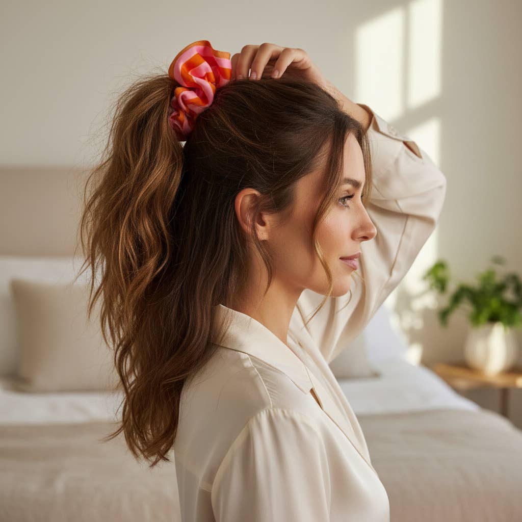 Pink Sicily Stripes Ruffle Up Scrunchie