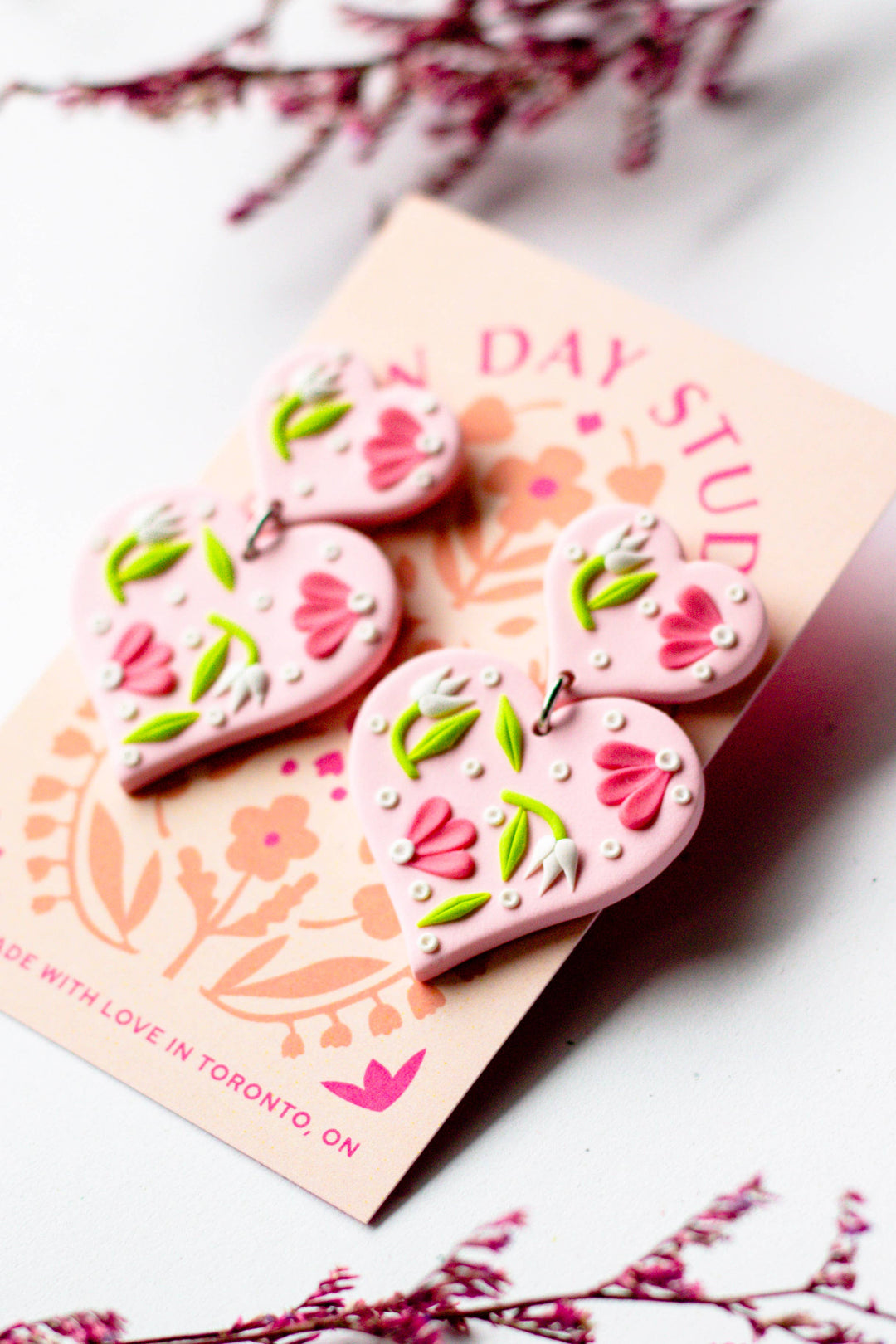 Slow Day Studios - Polymer Clay Tiered Heart Floral Dangle in Pink