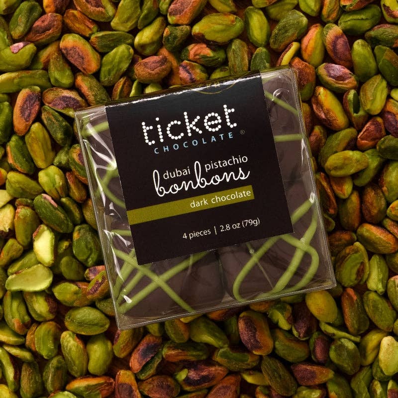 Ticket Chocolate - Handcrafted Dubai Pistachio Chocolate Bonbons: 4-Piece (2.8 oz Box): Dark Chocolate