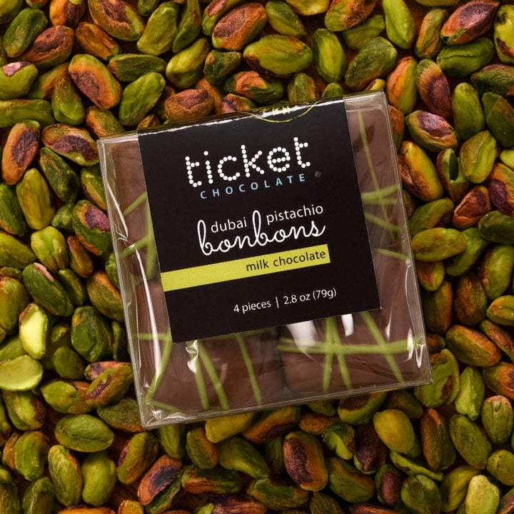 Ticket Chocolate - Handcrafted Dubai Pistachio Chocolate Bonbons: 4-Piece (2.8 oz Box): Dark Chocolate