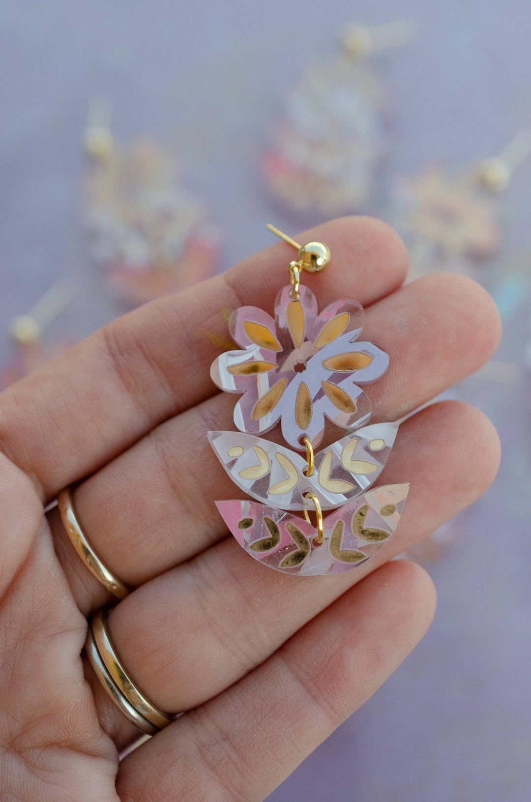 Pink Hand-painted Acrylic Flower Dangle Statement Earrings