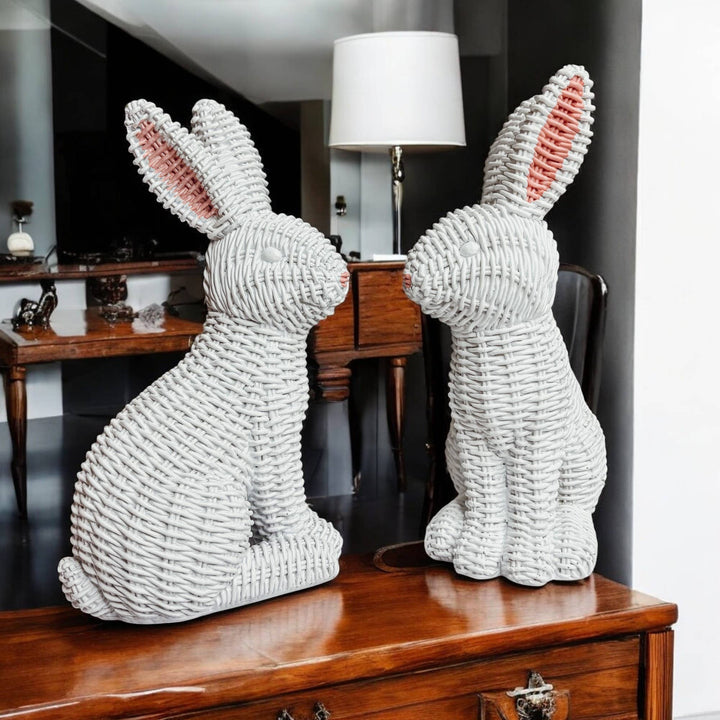 Pink Basketweave Bunny Statue, Easter Home