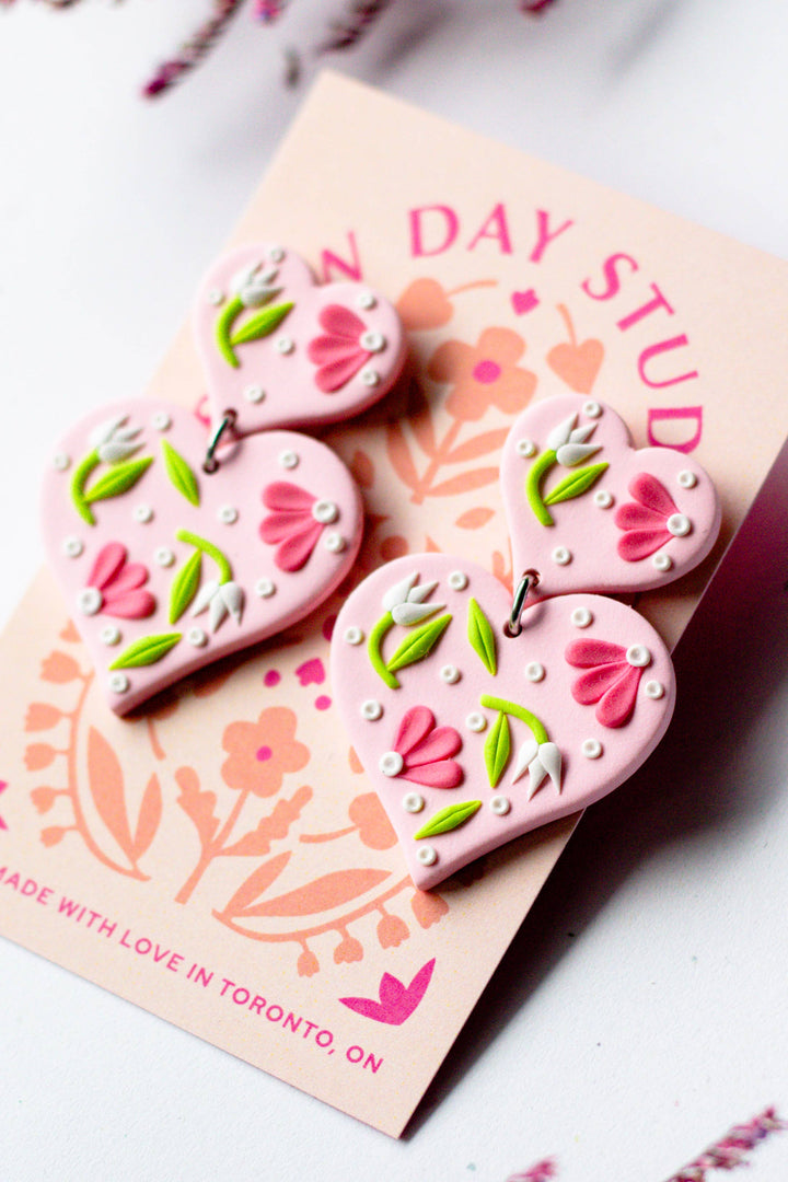 Slow Day Studios - Polymer Clay Tiered Heart Floral Dangle in Pink