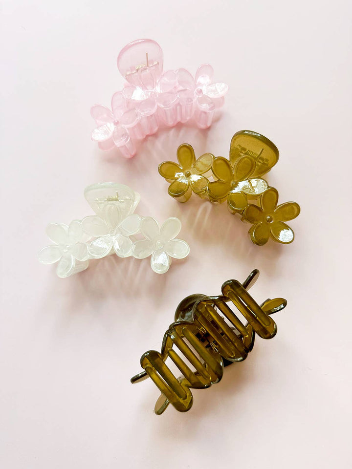 Pink Triple Floral Cluster Hair Claw Clips