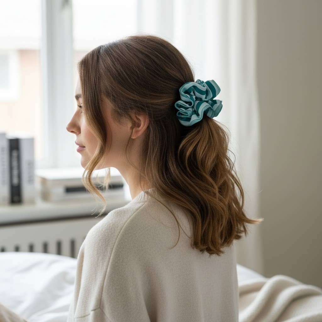 Teal Sicily Stripes Ruffle Up Scrunchie