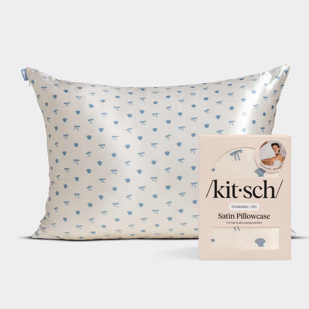 KITSCH - Standard Satin Pillowcase - Pearlized Cream & Coastal Blue Print
