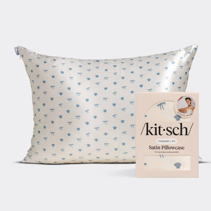 KITSCH - Standard Satin Pillowcase - Pearlized Cream & Coastal Blue Print