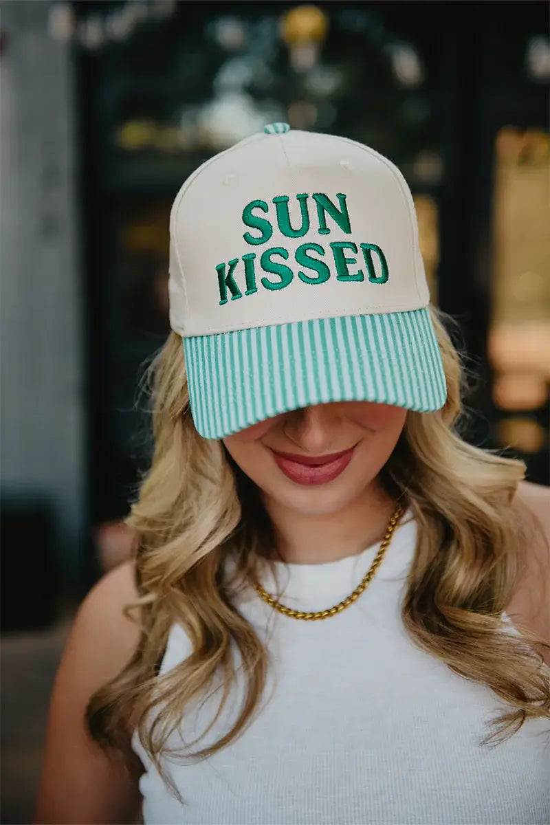 Sunkissed Vintage Trucker Hats Wholesale: Aqua and Green Striped