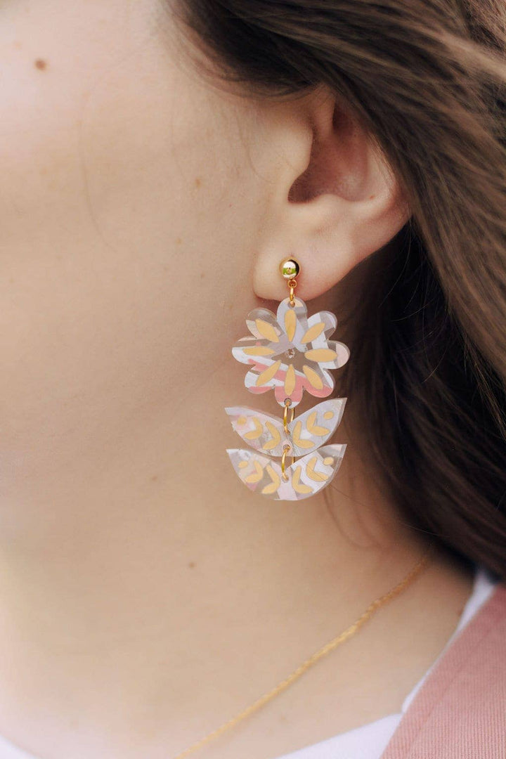 Pink Hand-painted Acrylic Flower Dangle Statement Earrings