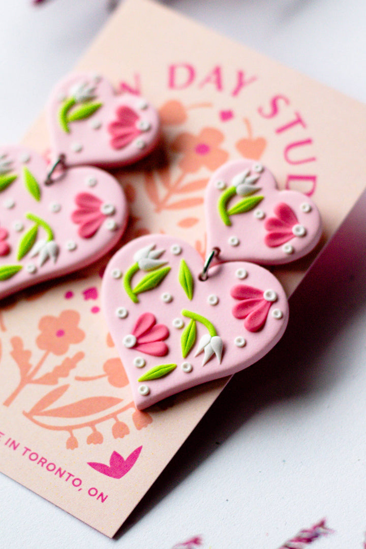 Slow Day Studios - Polymer Clay Tiered Heart Floral Dangle in Pink