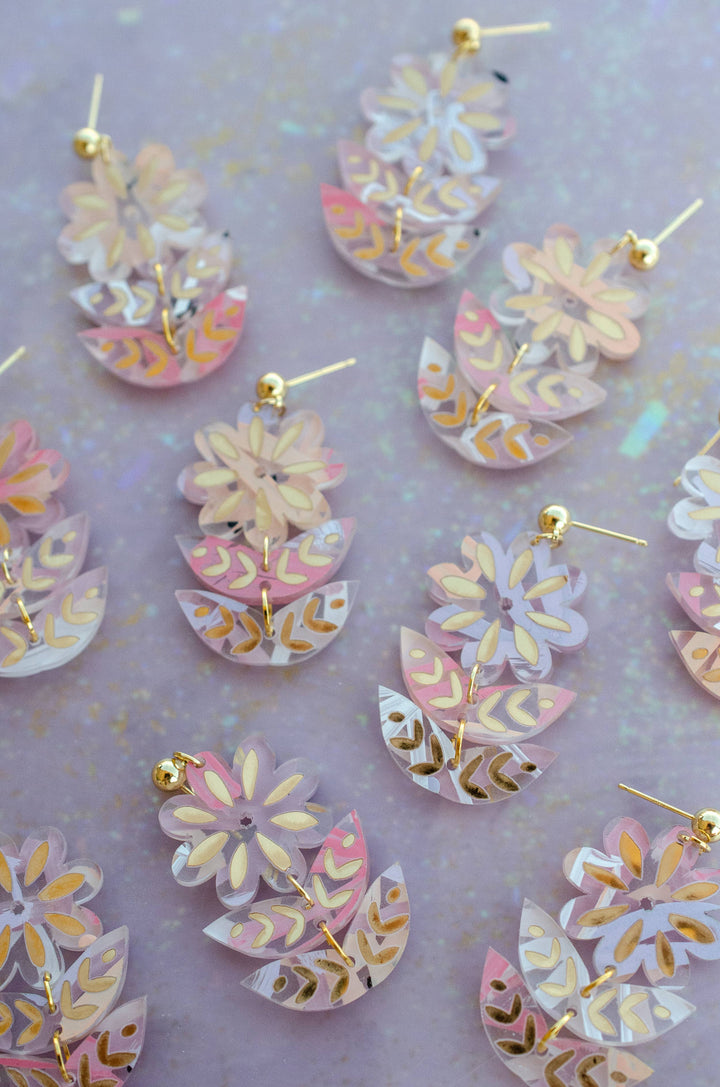 Pink Hand-painted Acrylic Flower Dangle Statement Earrings