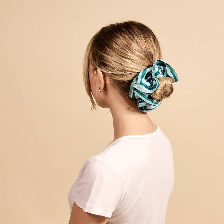 Teal Sicily Stripes Ruffle Up Scrunchie