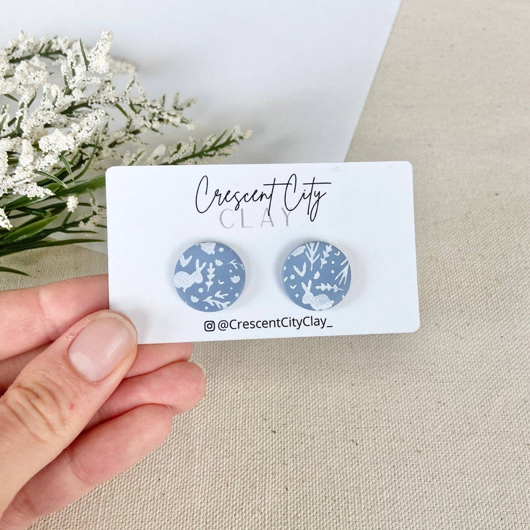 Statement Studs in Dusty Blue & White Spring Design