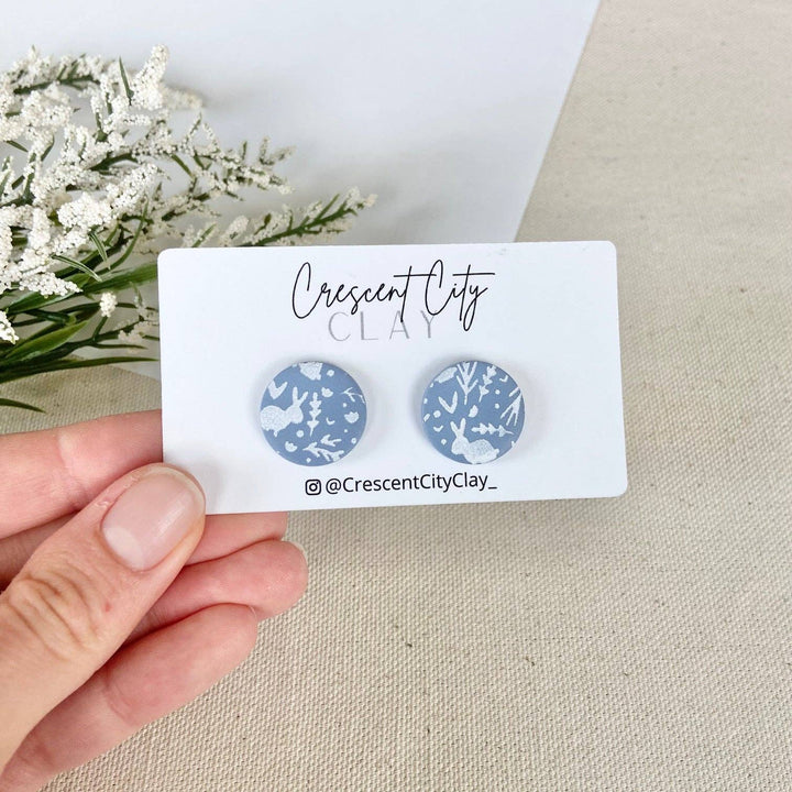 Statement Studs in Dusty Blue & White Spring Design