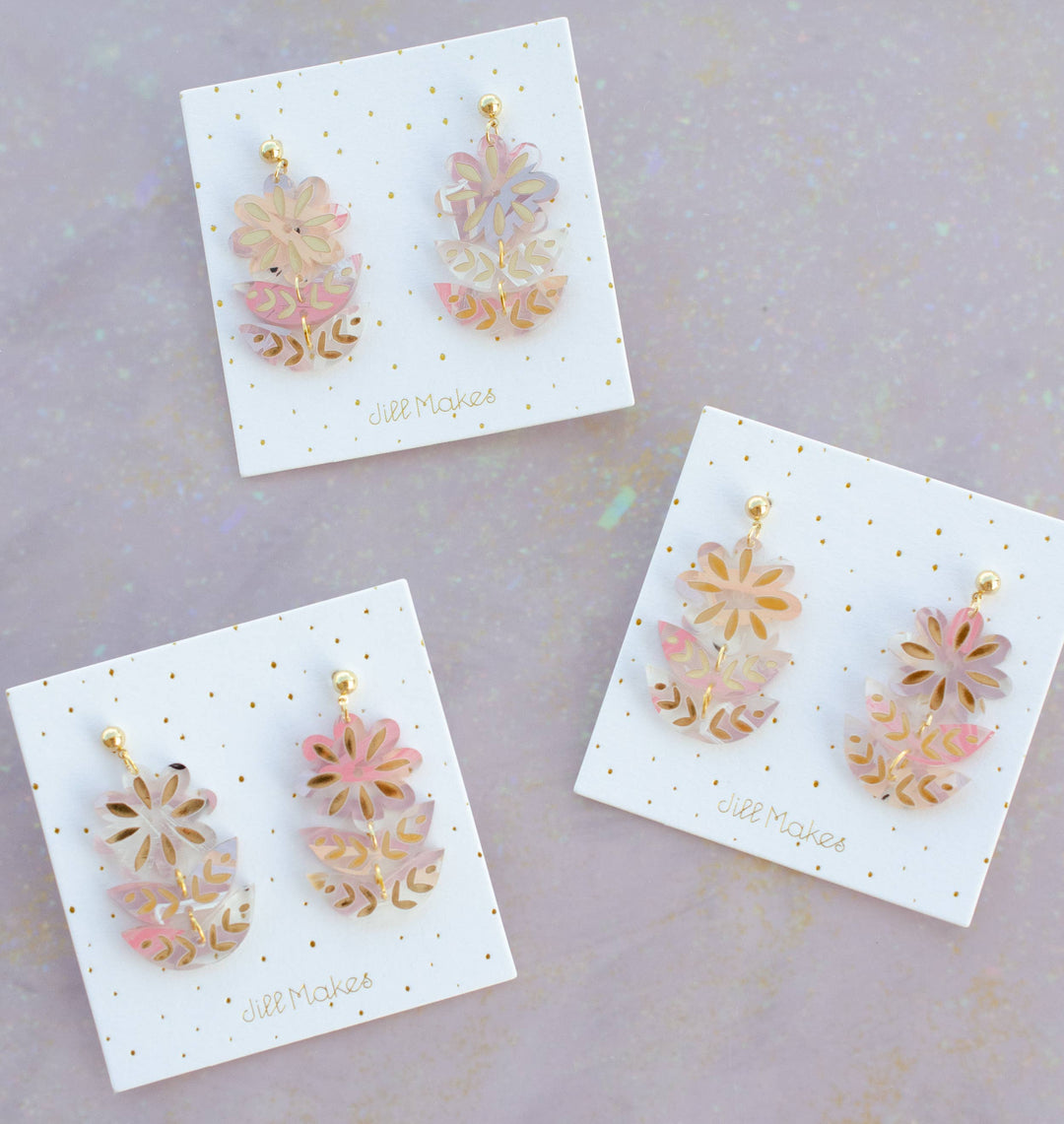Pink Hand-painted Acrylic Flower Dangle Statement Earrings