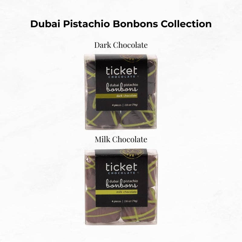 Ticket Chocolate - Handcrafted Dubai Pistachio Chocolate Bonbons: 4-Piece (2.8 oz Box): Dark Chocolate