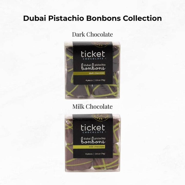 Ticket Chocolate - Handcrafted Dubai Pistachio Chocolate Bonbons: 4-Piece (2.8 oz Box): Dark Chocolate