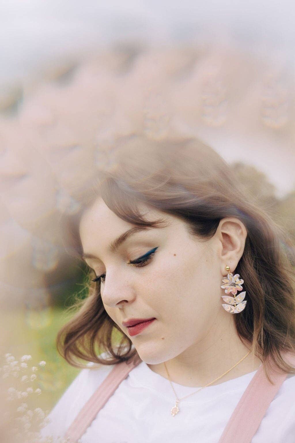 Pink Hand-painted Acrylic Flower Dangle Statement Earrings