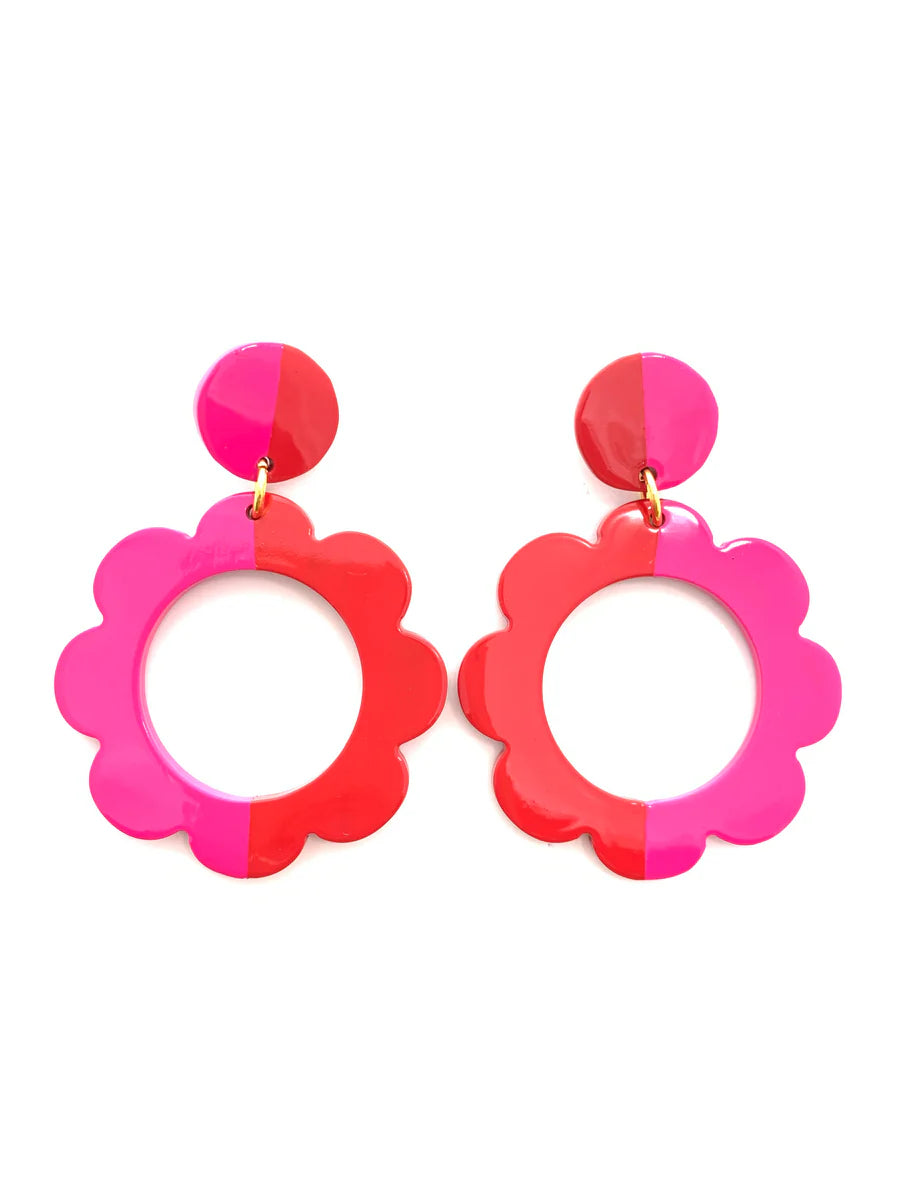Color Block Flower Earrings - Orange and Hot Pink