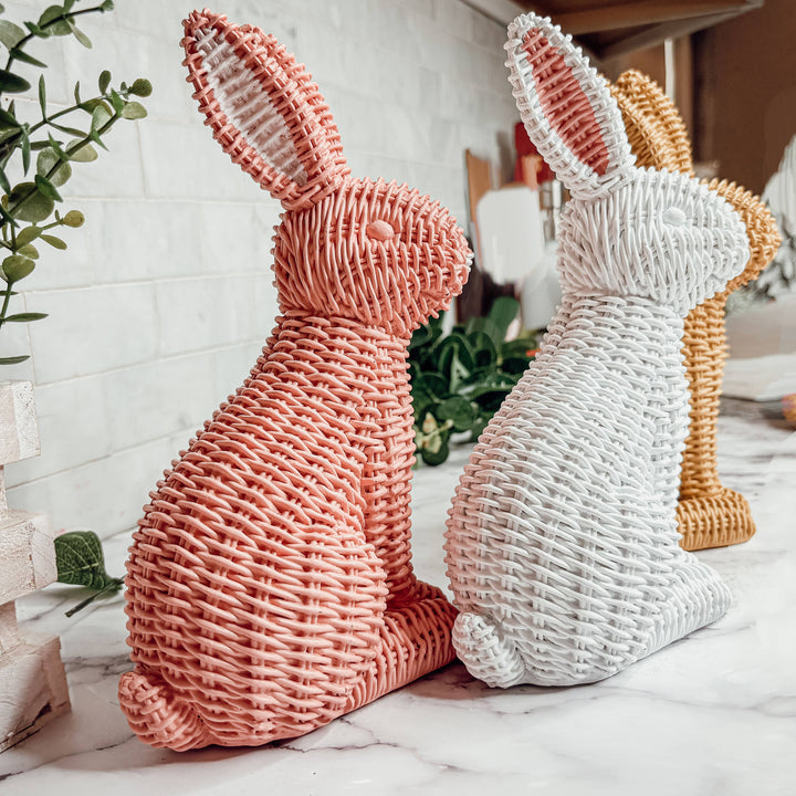 White Basketweave Bunny Statue, Easter Home