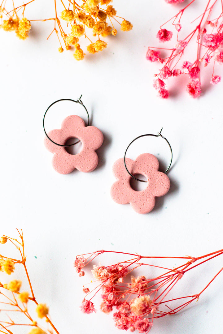 Slow Day Studios - Vintage Pink Spring Flower Polymer Clay Textured Hoops