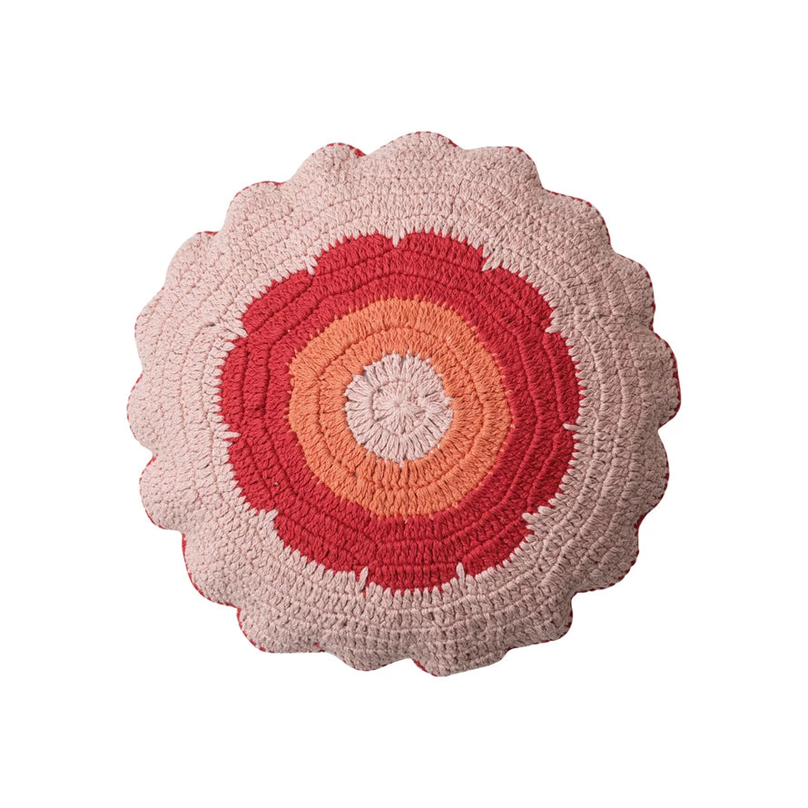 18" Round Cotton Slub Crocheted Pillow