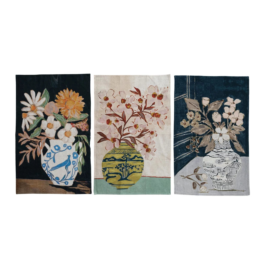 Cotton & Linen Tea Towel with Flowers