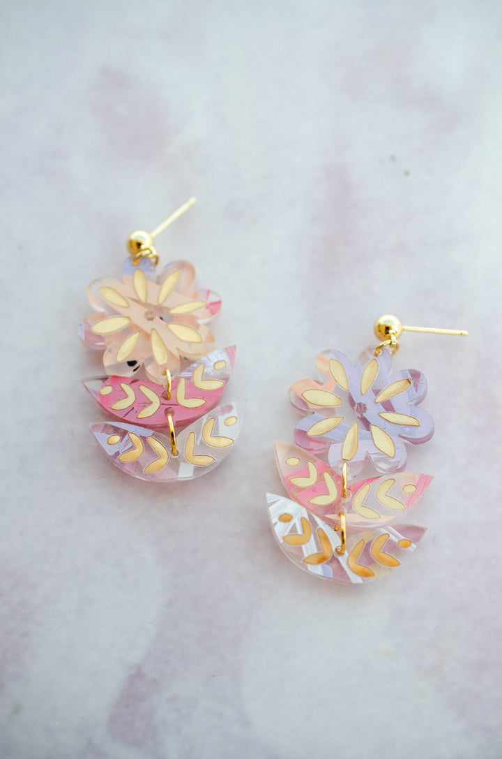Pink Hand-painted Acrylic Flower Dangle Statement Earrings