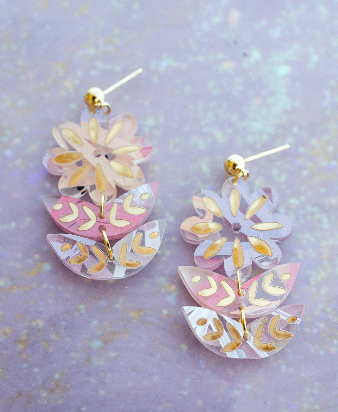 Pink Hand-painted Acrylic Flower Dangle Statement Earrings