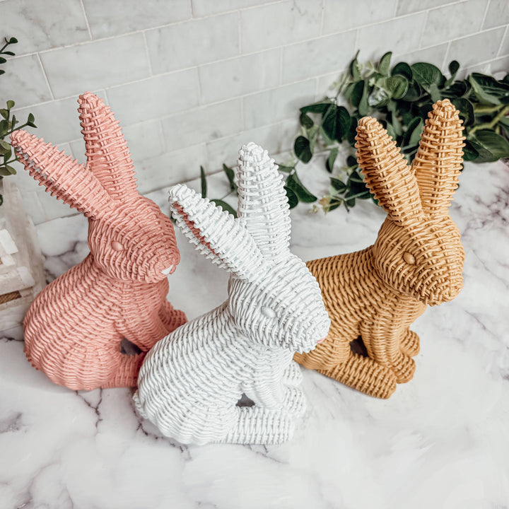 White Basketweave Bunny Statue, Easter Home