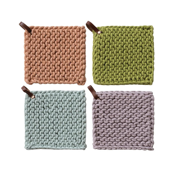 Cotton Crocheted Pot Holder with Leather Loop