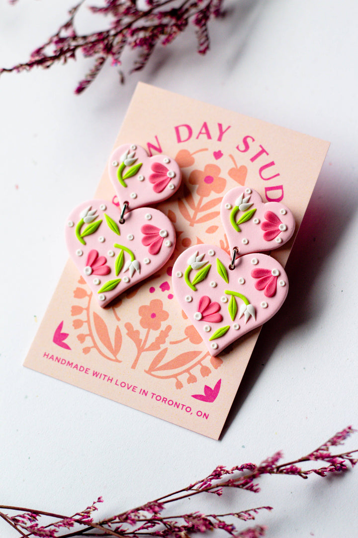 Slow Day Studios - Polymer Clay Tiered Heart Floral Dangle in Pink